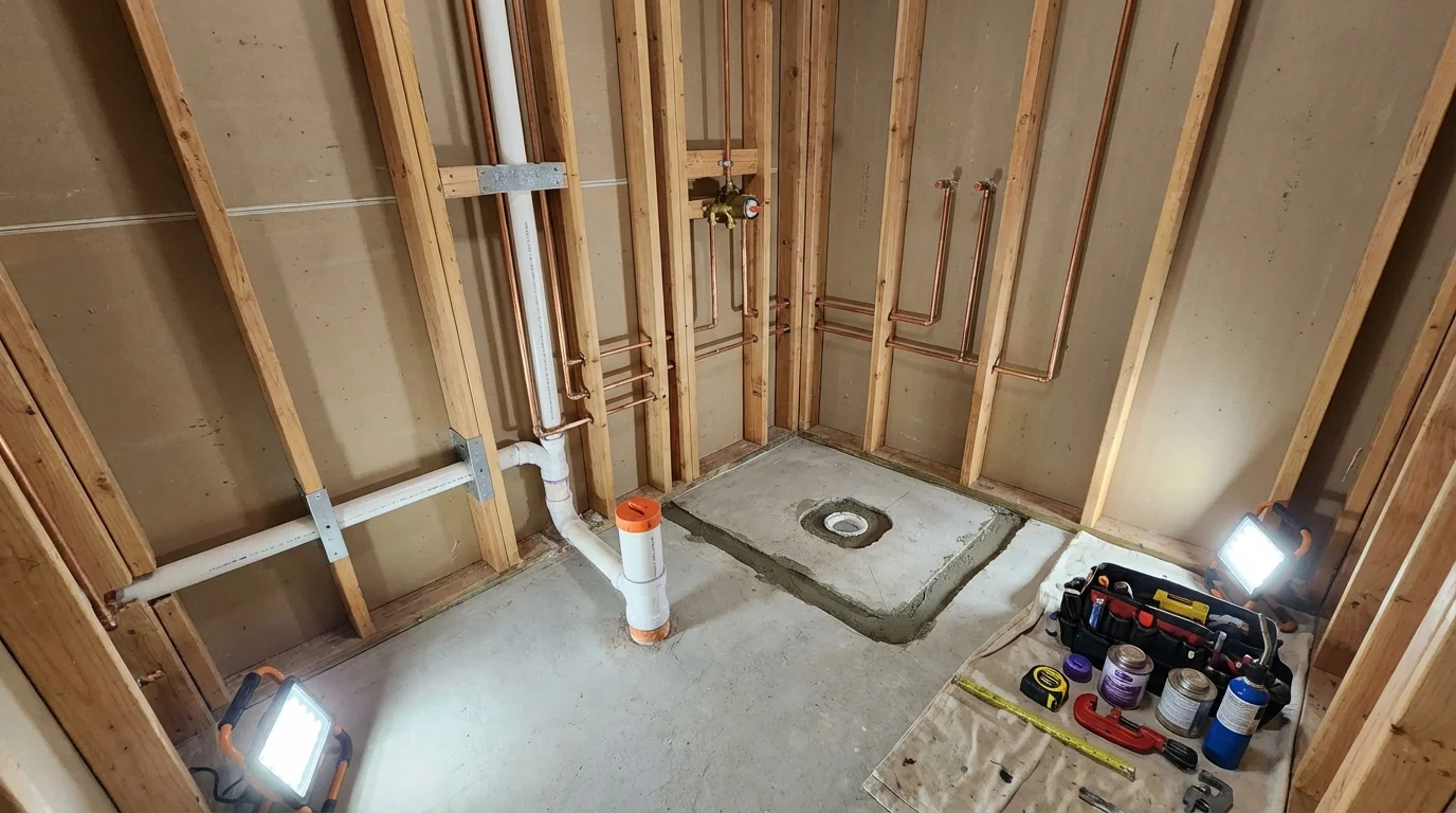 Bathroom rough-in plumbing during remodel by Johns Plumbing LLC in Gray