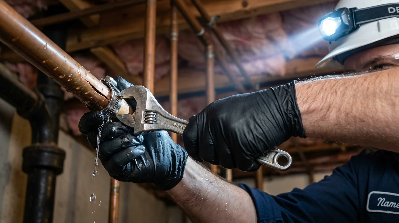 Emergency pipe clamp repair being performed by a Johns Plumbing LLC plumber in Gray