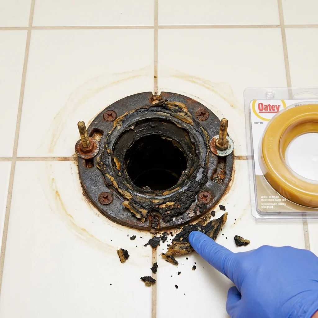 Failed wax ring showing water seepage at the base of a toilet in a Gray, LA home