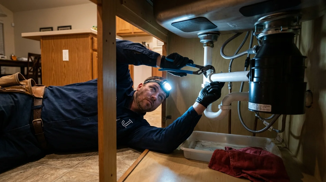 P-trap and supply line connections under a kitchen sink showing a common leak point in Gray, LA